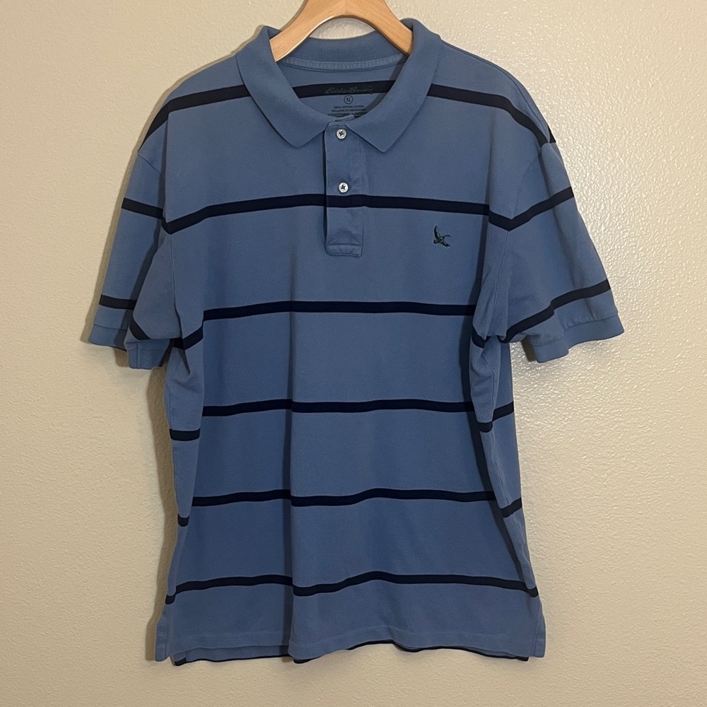 Eddie Bauer Blue Black Stripes Cotton Short Sleeve Polo Shirt
